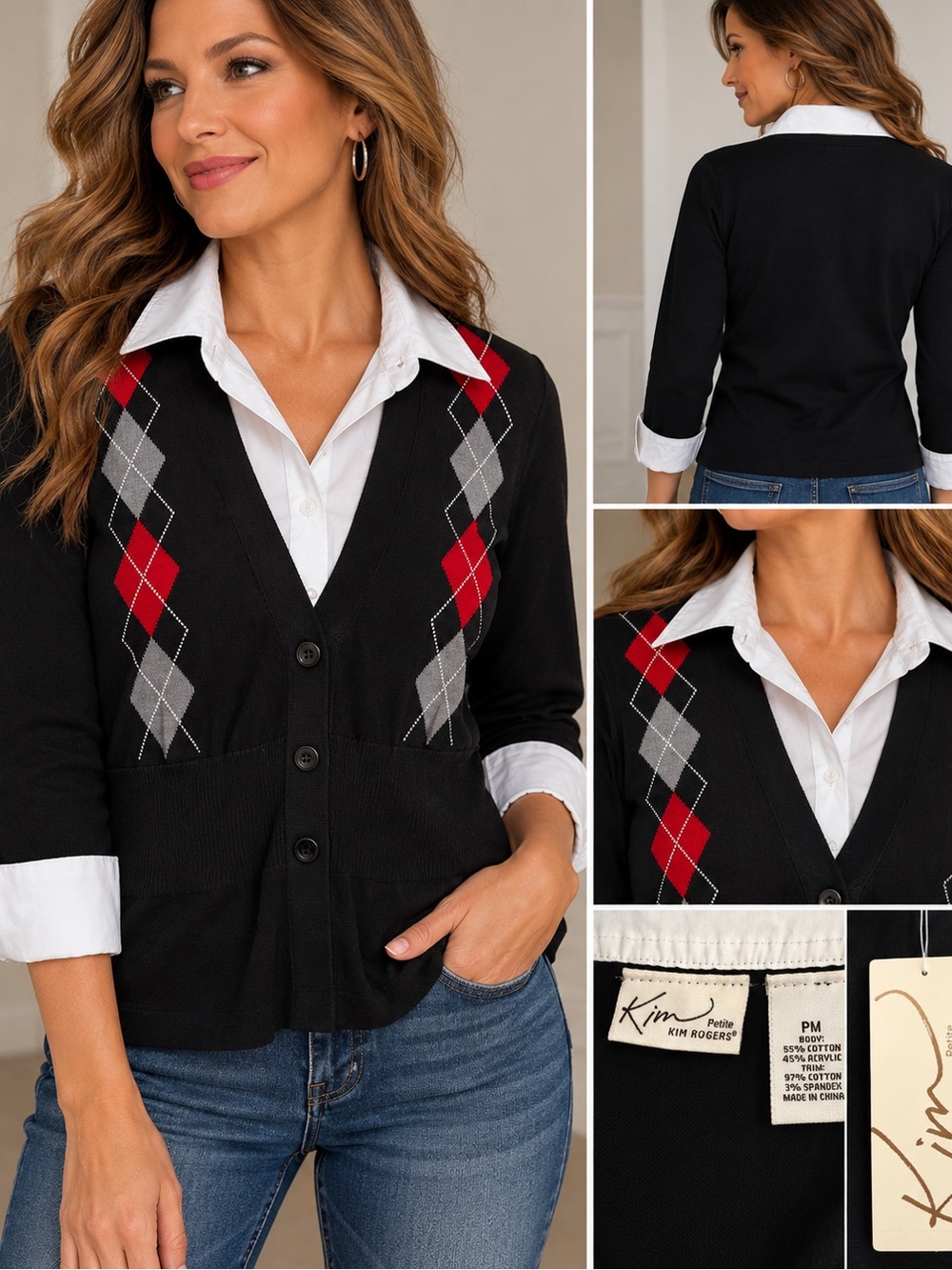 Kim Rogers Black Cardigan with Red and Gray Argyle and White Collar